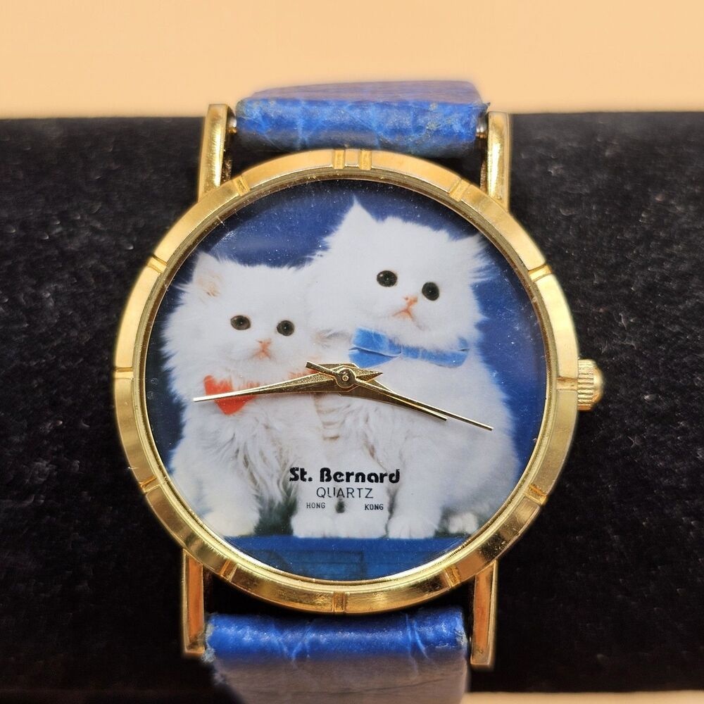 Vintage St. Bernard Gold Tone Quartz Kitten Watch New Battery Runs Great